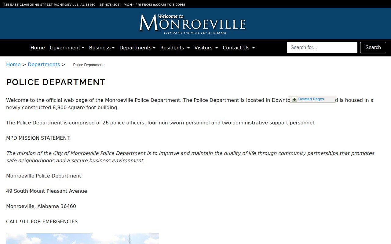 Monroeville Police Department official arrest-record contact page in Monroe County